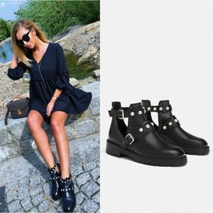 black ankle boots with pearls